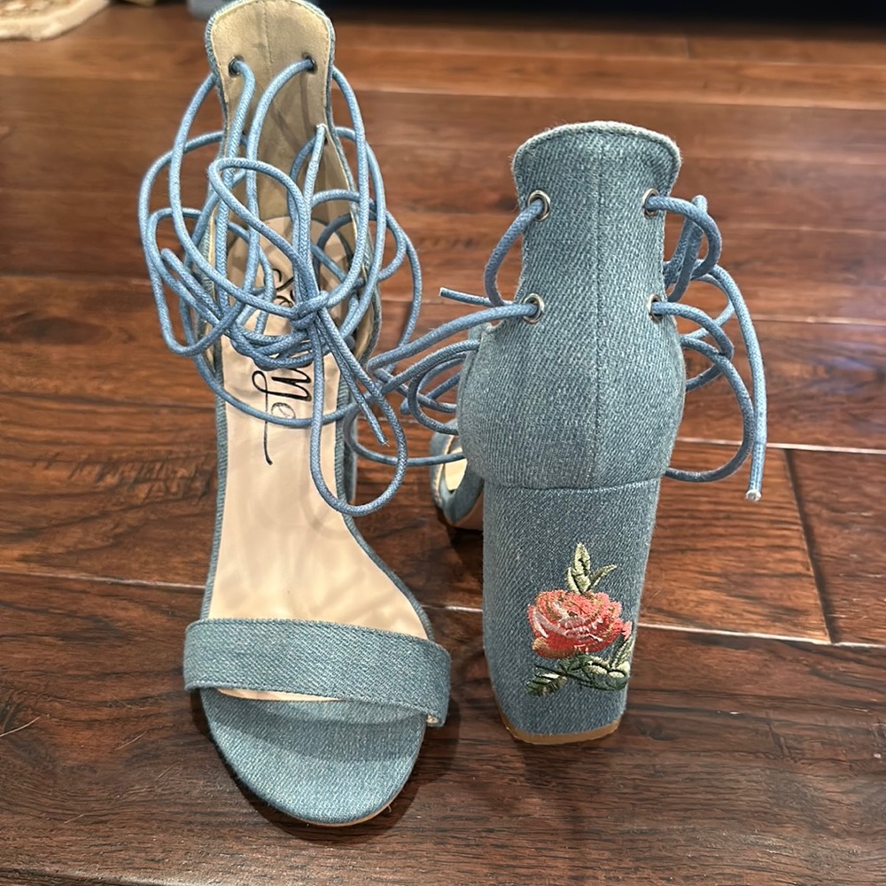 Lace up denim heels